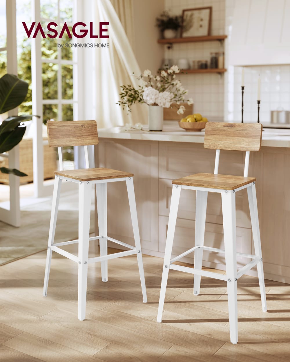 Tabourets de bar industriel avec dossier cadre en acier beige - Maisons du Monde