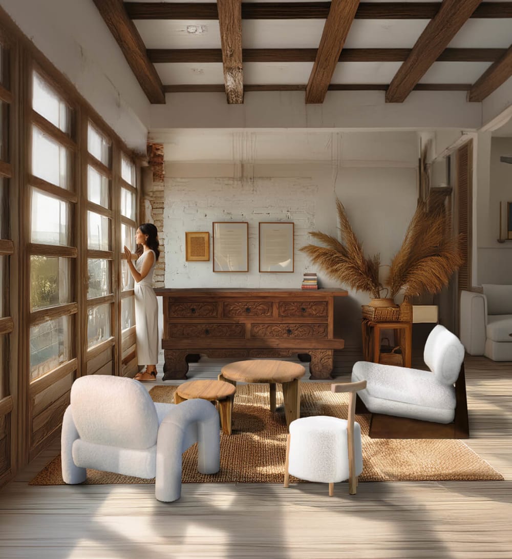 Tabouret en bois et laine blanche - Maisons du Monde