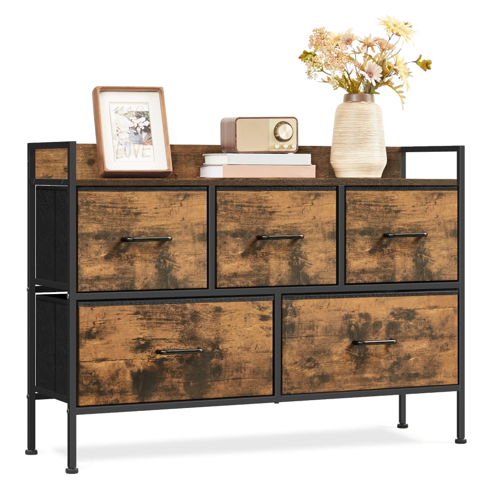 SONGMICS Commode à 5 avec poignées pour salon couloir structure marron et noir style industriel Marron Panneau De Particules - 98x70x29cm