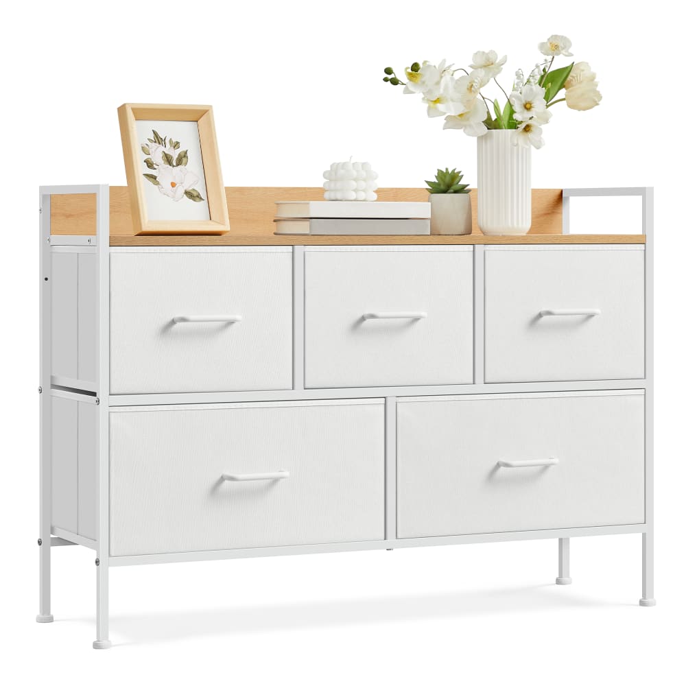 SONGMICS Commode à 5 avec poignées pour salon couloir structure blanc et beige style contemporain Blanc Panneau De Particules - 98x70x29cm