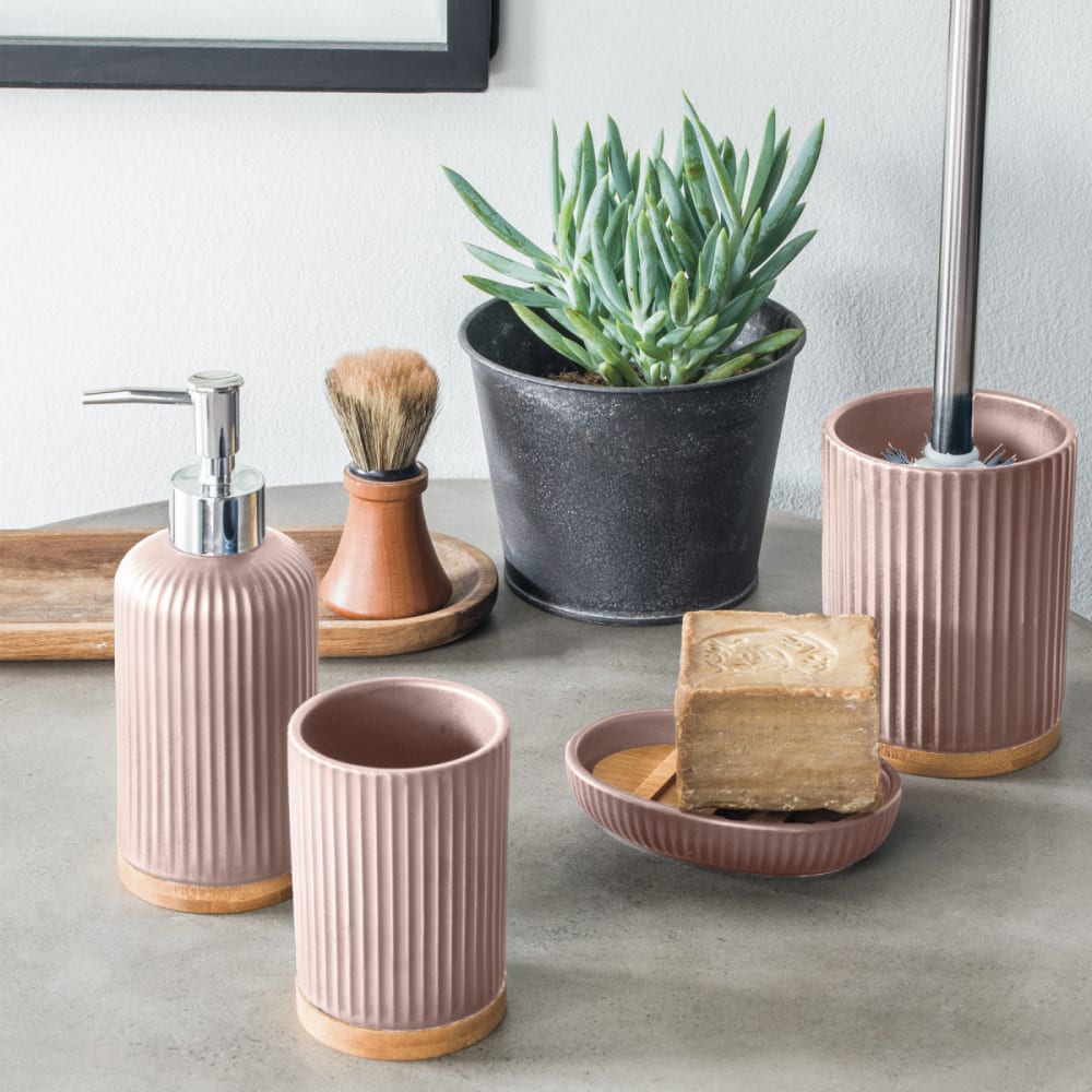 Set salle de bain strié 4 pièces céramique bambou — vue 3