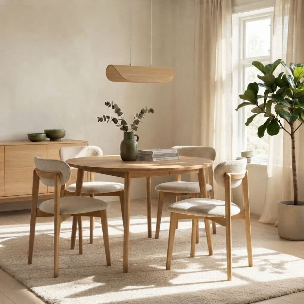 WOODEK Esstisch aus Eiche, mit Ölwachs behandelt, D108 cm, 1 Verlängerung style modern Beige Holz