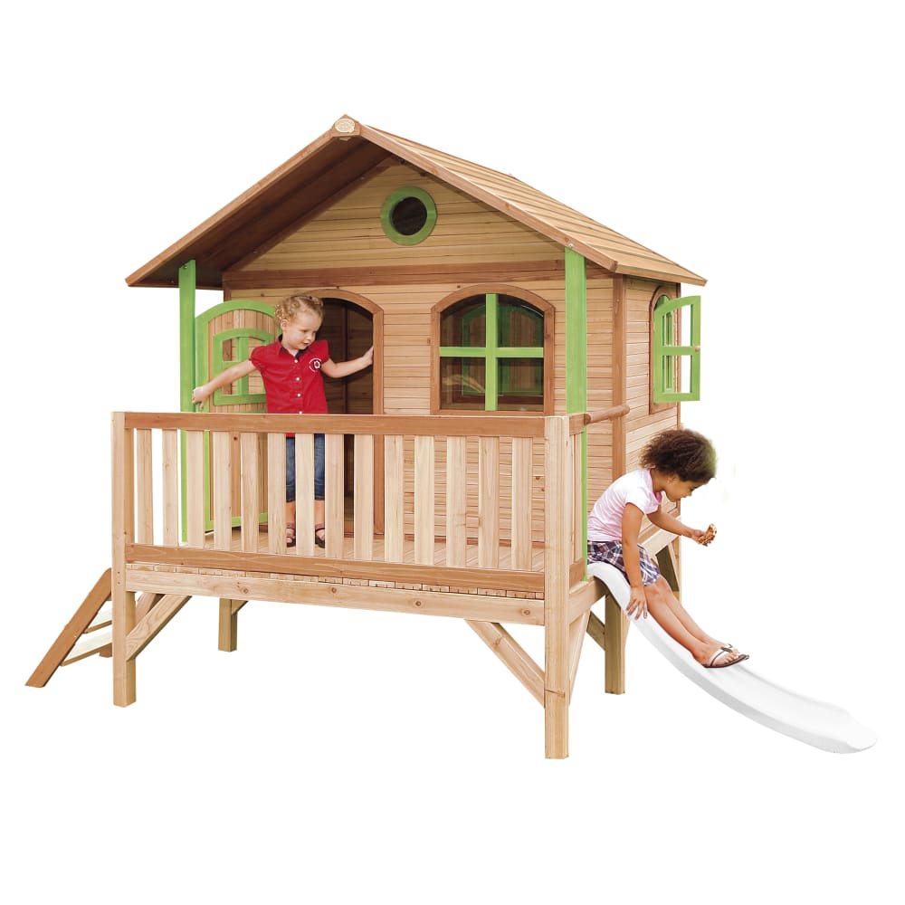 Maisonnette enfant avec toboggan blanc, Bois FSC marron/vert