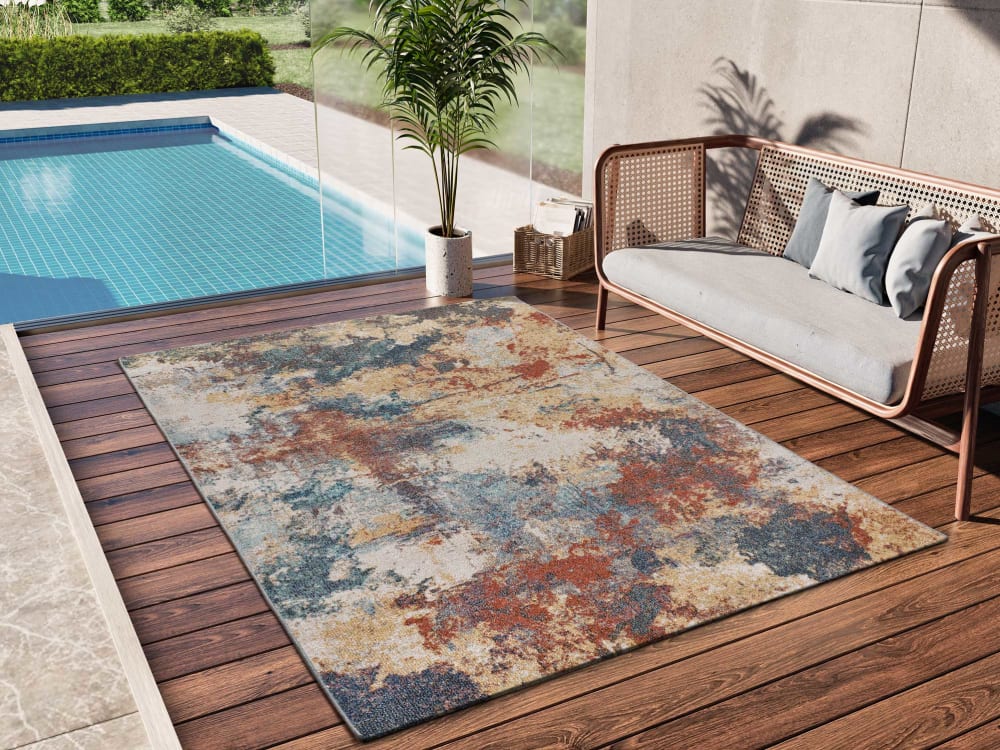 Tapis d'extérieur abstrait bleu/beige/rouille 80x150 cm - Maisons du Monde