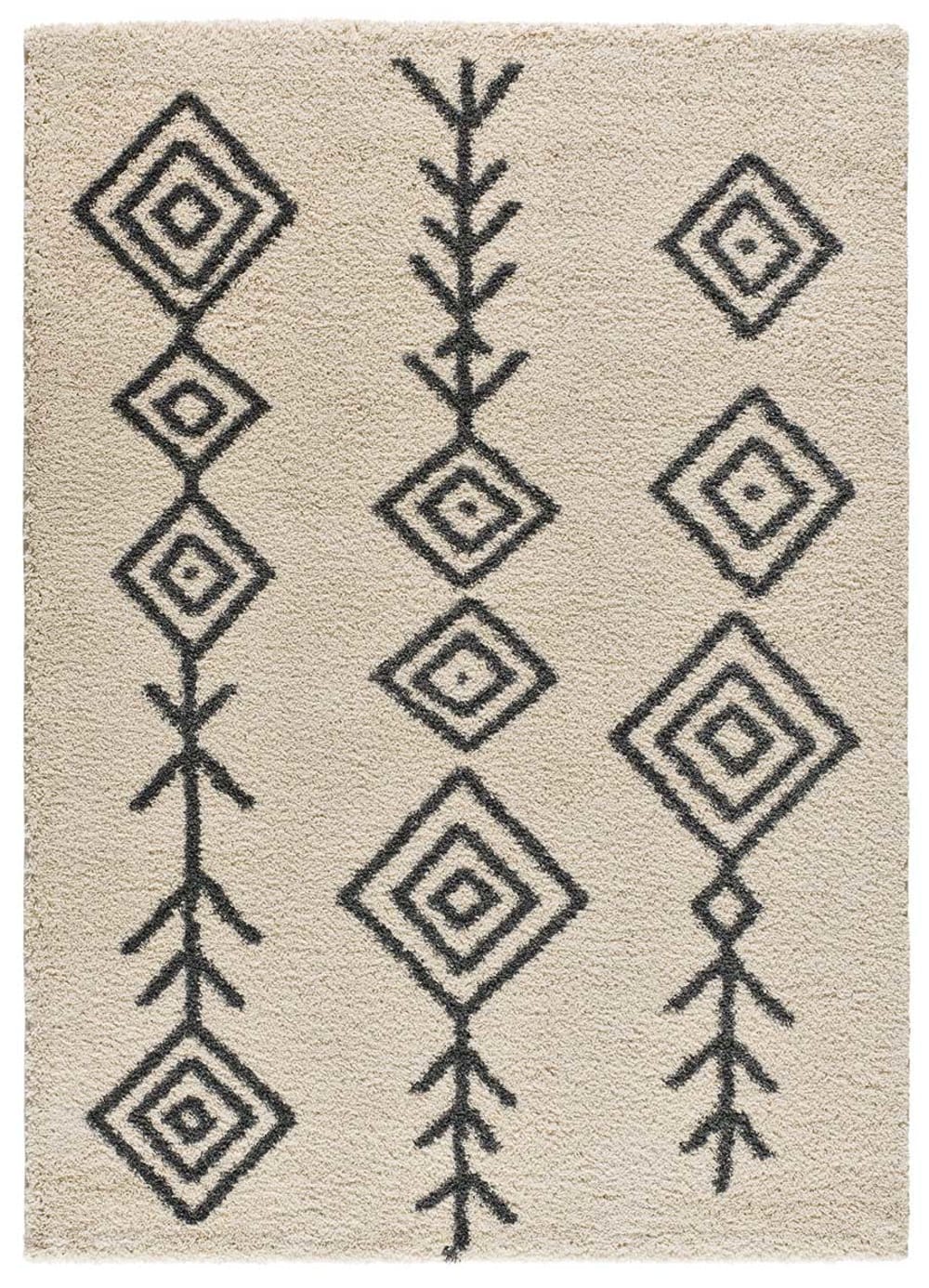 Tapis shaggy ethnique blanc/crème/noir 80x150 cm