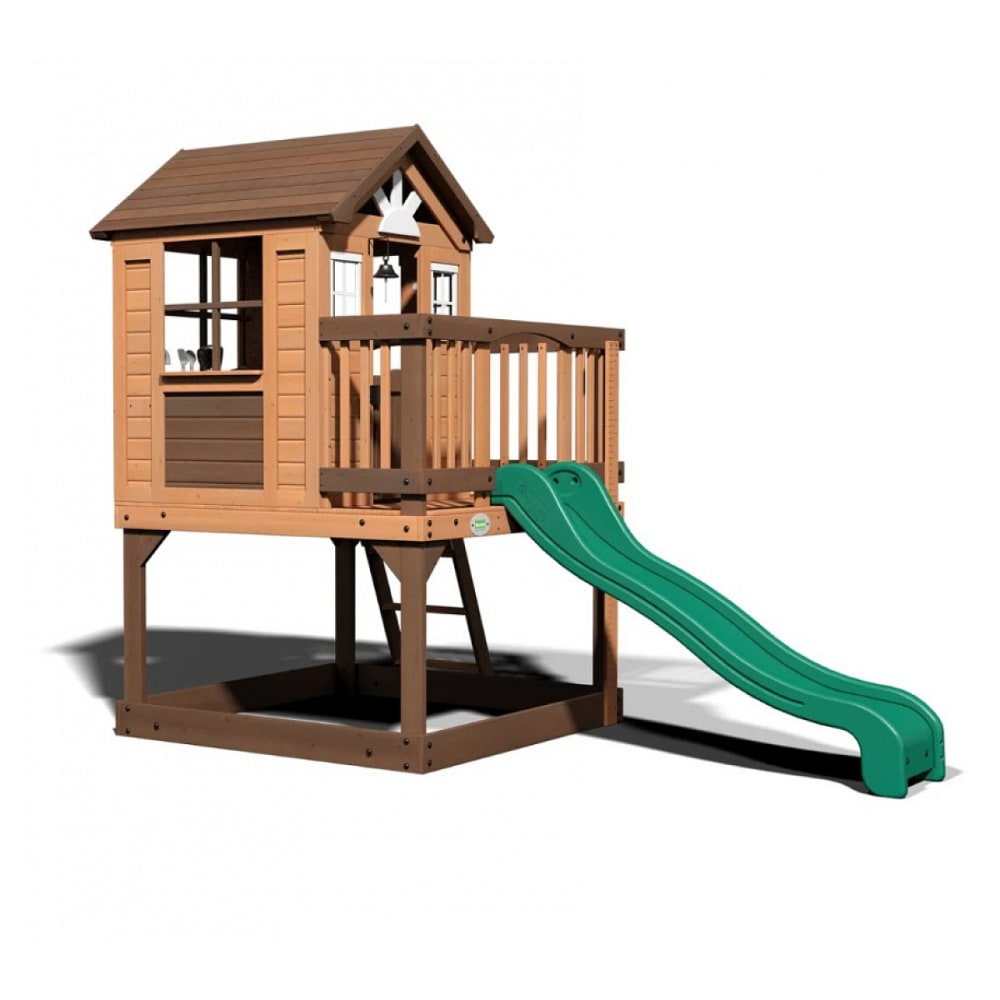 Maisonnette enfant avec toboggan vert, bac à sable & véranda, Bois FSC