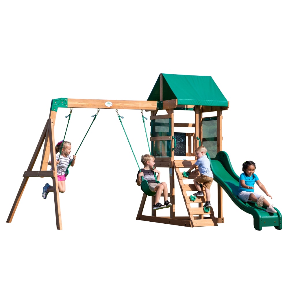 Spielturm aus Holz mit Rutsche, Schaukel & Kletterleiter -