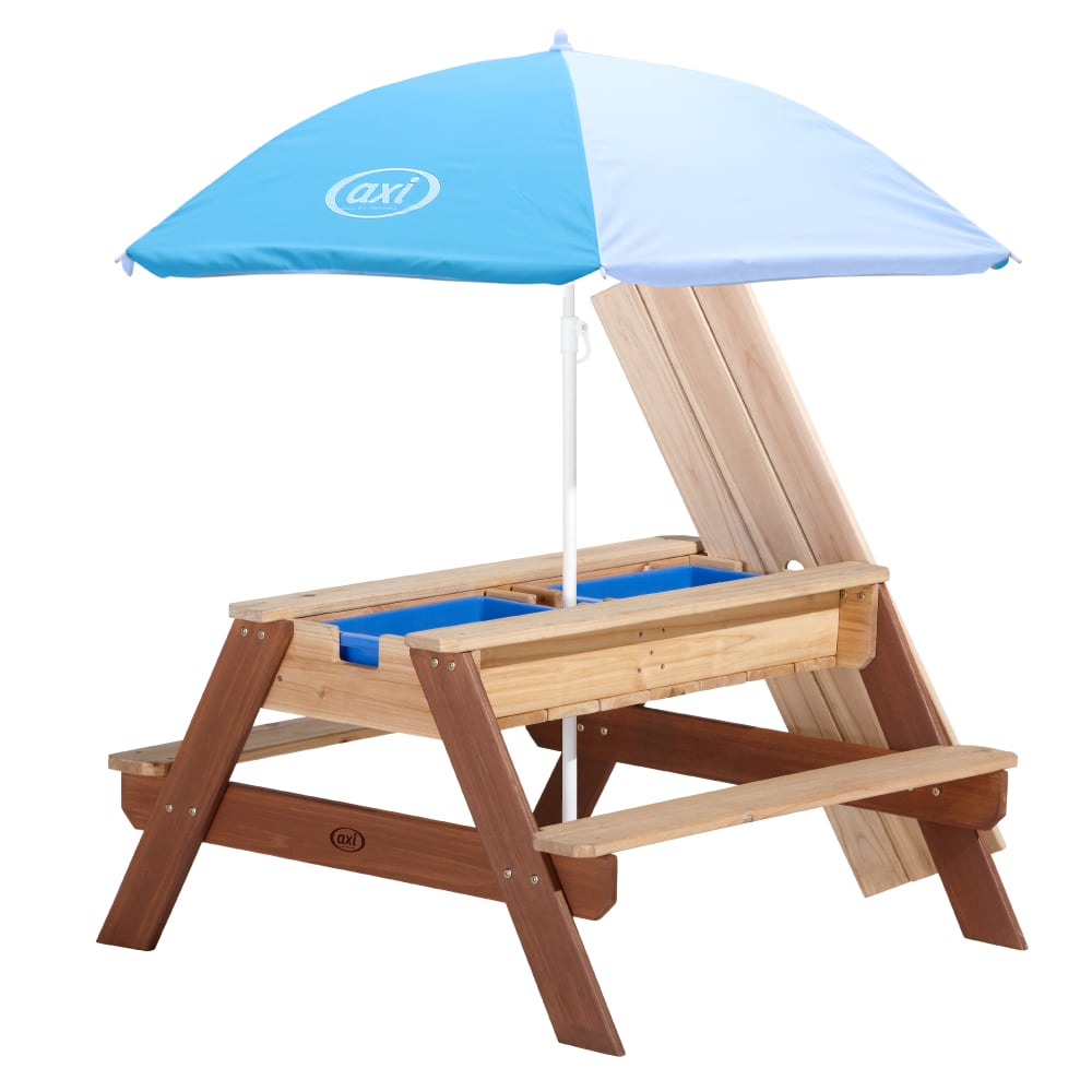 Table de pique-nique sable et eau avec parasol, bois FSC, marron