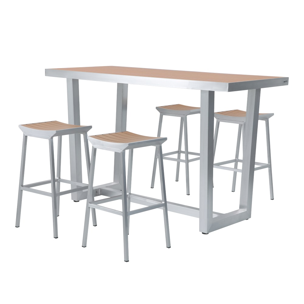 Ensemble de bar 5 pièces, 4 tabourets de bar en aluminium aspect bois