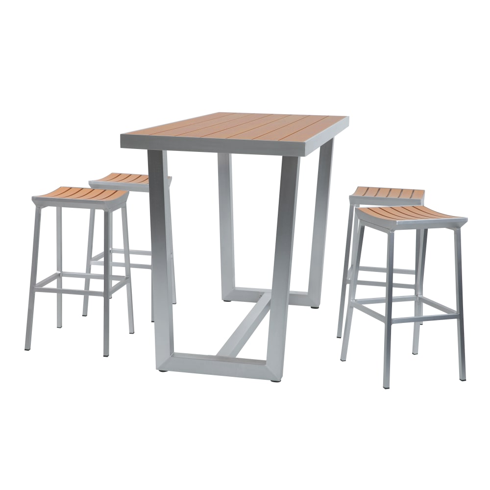 Ensemble de bar 5 pièces, 4 tabourets de bar en aluminium aspect bois