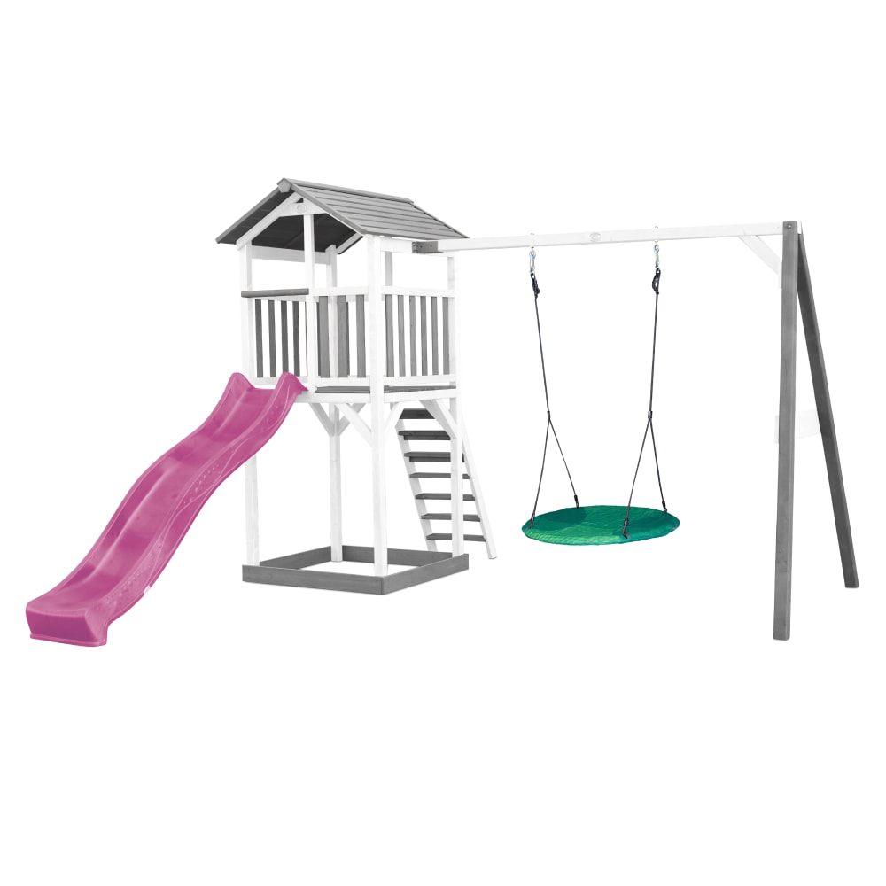 Axi Spielturm mit lila Rutsche, Summer Nestschaukel, Holz, weiß/grau style modern - Holz