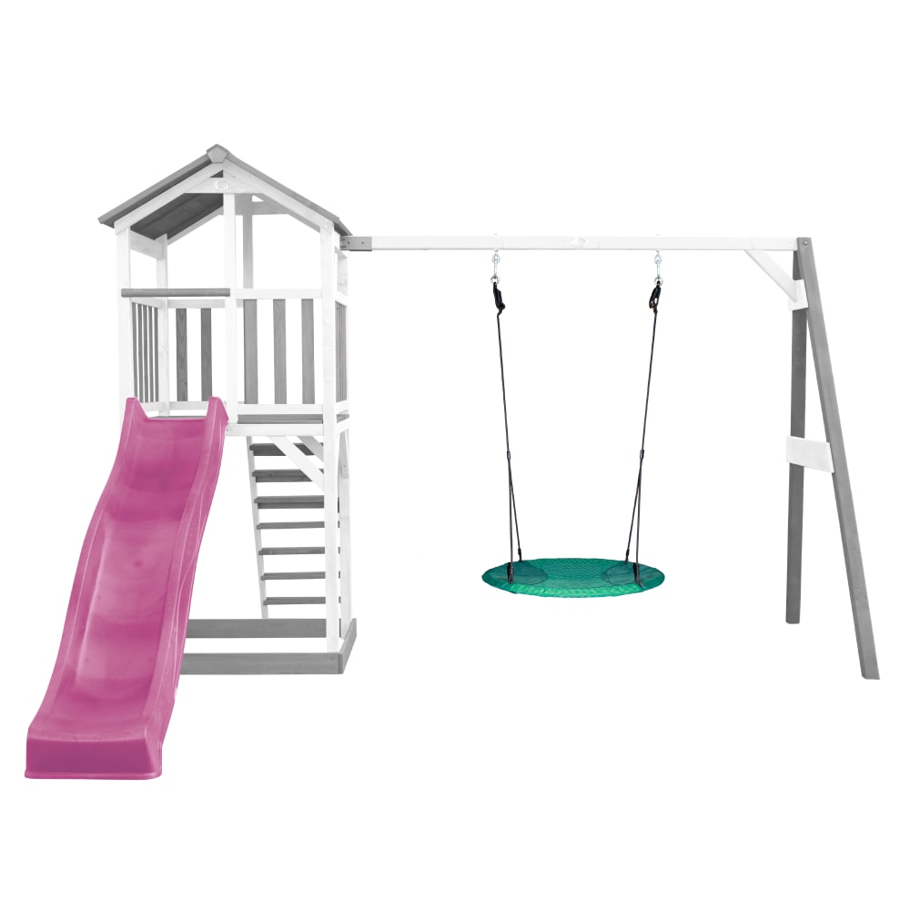 Spielturm mit lila Rutsche, Summer Nestschaukel, Holz, weiß/grau