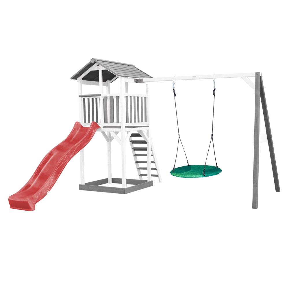 Aire de jeux toboggan rouge, balançoire nid d'oiseau, bois, blanc/gris