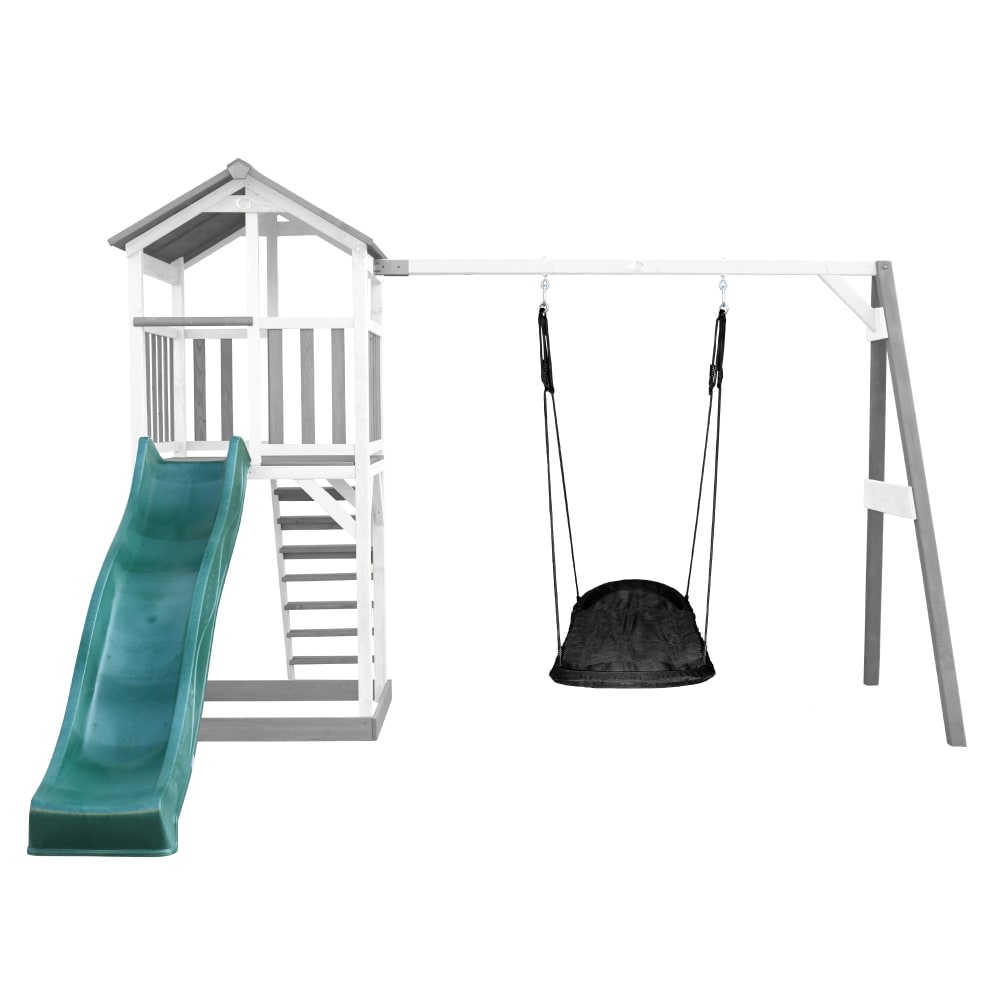 Spielturm mit grüner Rutsche, Roxy Nestschaukel, Holz, weiß/grau