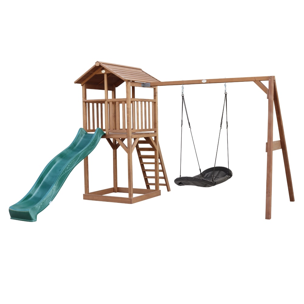Axi Spielturm mit grüner Rutsche, Roxy Nestschaukel, Holz, braun style modern - Holz
