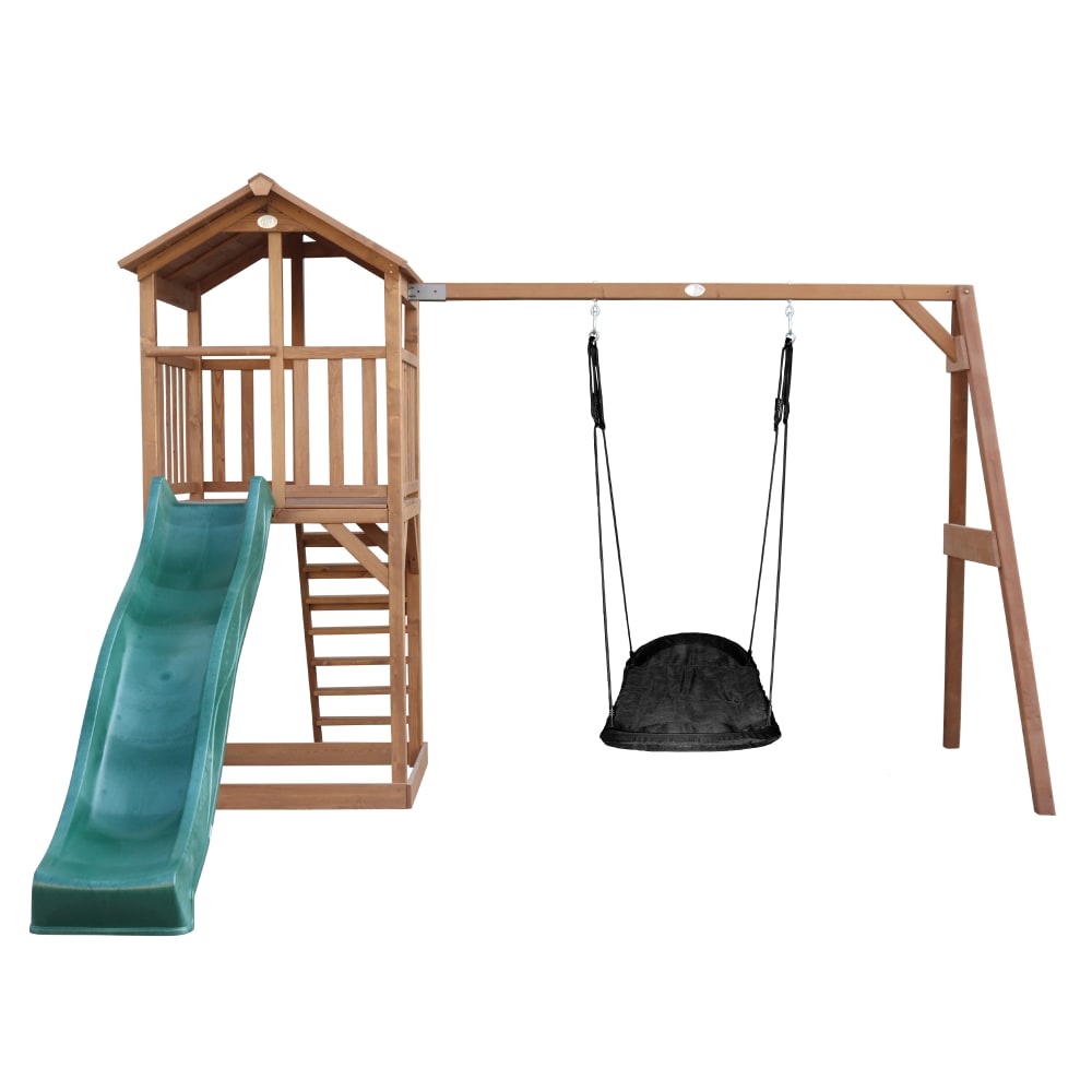 Spielturm mit grüner Rutsche, Roxy Nestschaukel, Holz, braun -