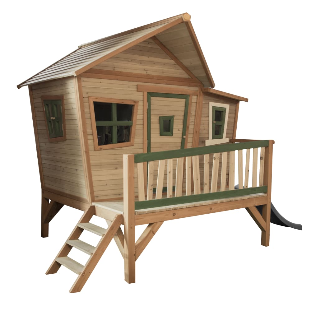 Maisonnette enfant avec toboggan gris, bois FSC, marron/vert
