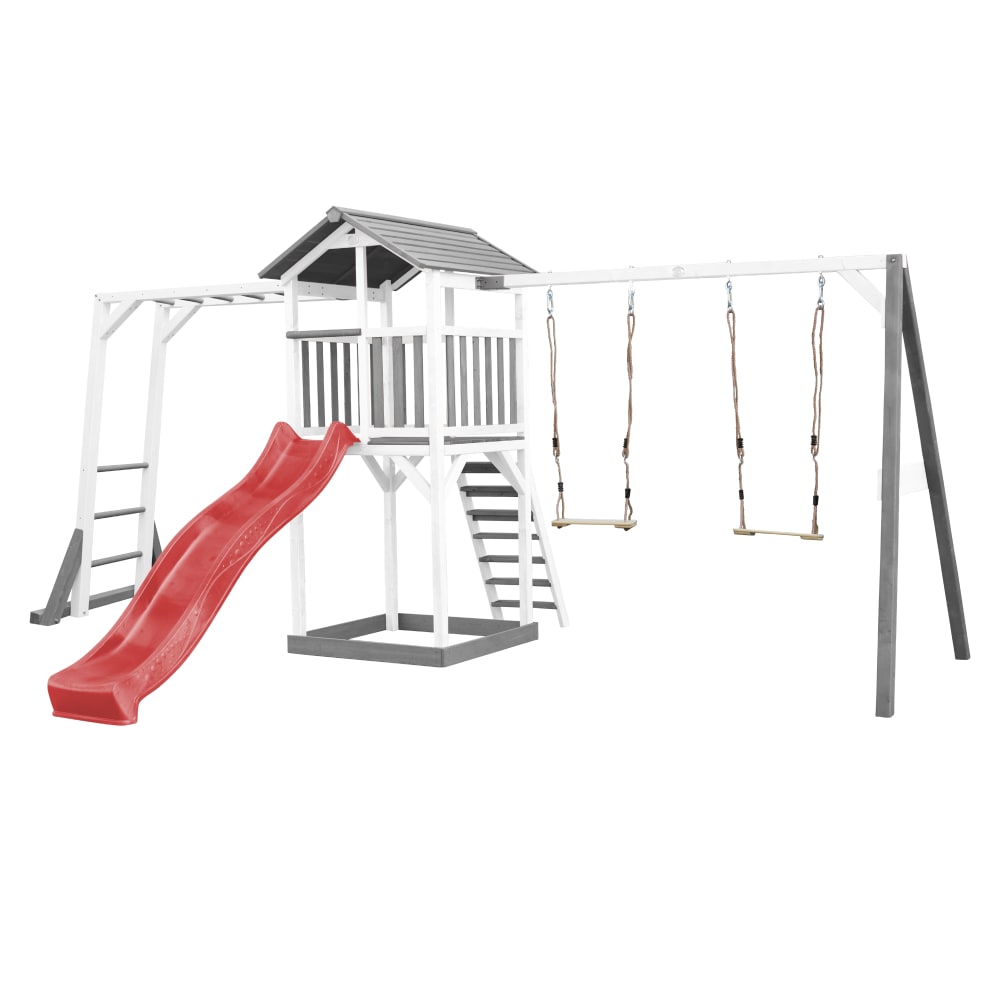 Axi Spielturm mit roter Rutsche, Doppelschaukel, Holz, weiß/grau style modern - Holz