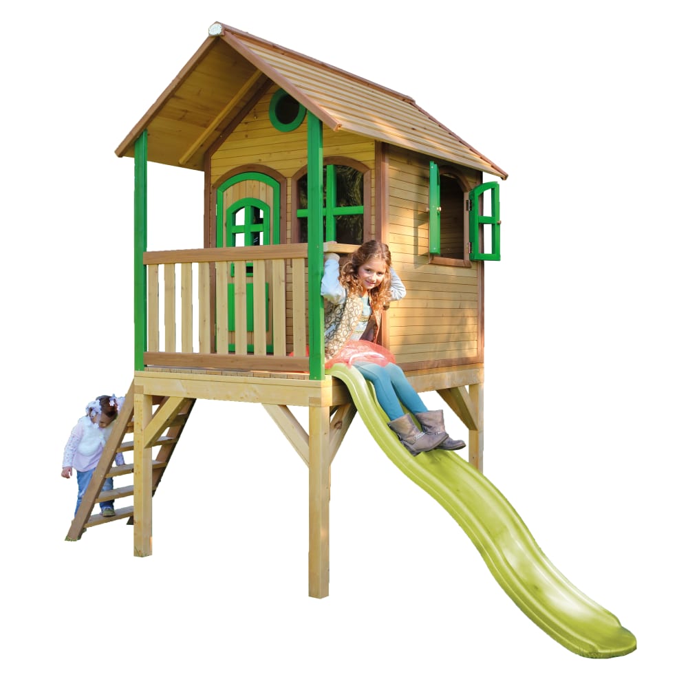Maisonnette enfant avec toboggan jaune, Bois FSC, marron/vert