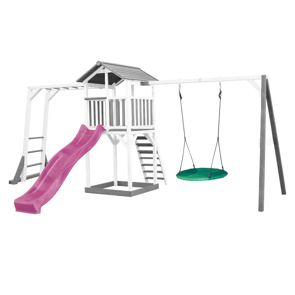 Axi Spielturm mit lila Rutsche, Summer Nestschaukel, Holz, weiß/grau style modern - Holz