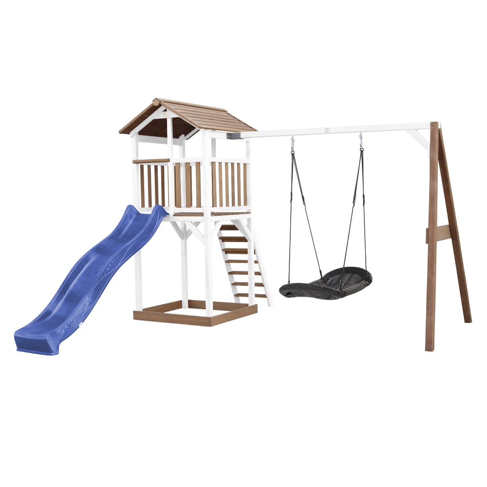 Axi Spielturm mit blauer Rutsche, Roxy Nestschaukel, Holz, braun/weiß style modern - Holz