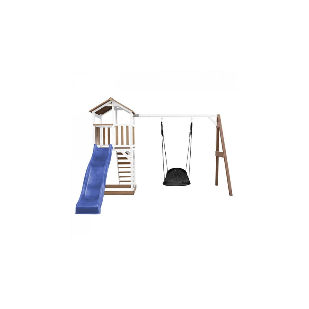 Spielturm mit blauer Rutsche, Roxy Nestschaukel, Holz, braun/weiß