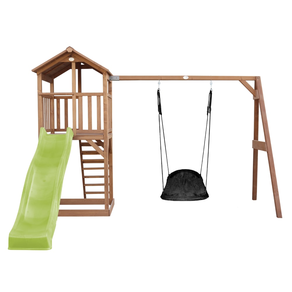 Spielturm mit hellgrüner Rutsche, Roxy Nestschaukel, Holz, braun