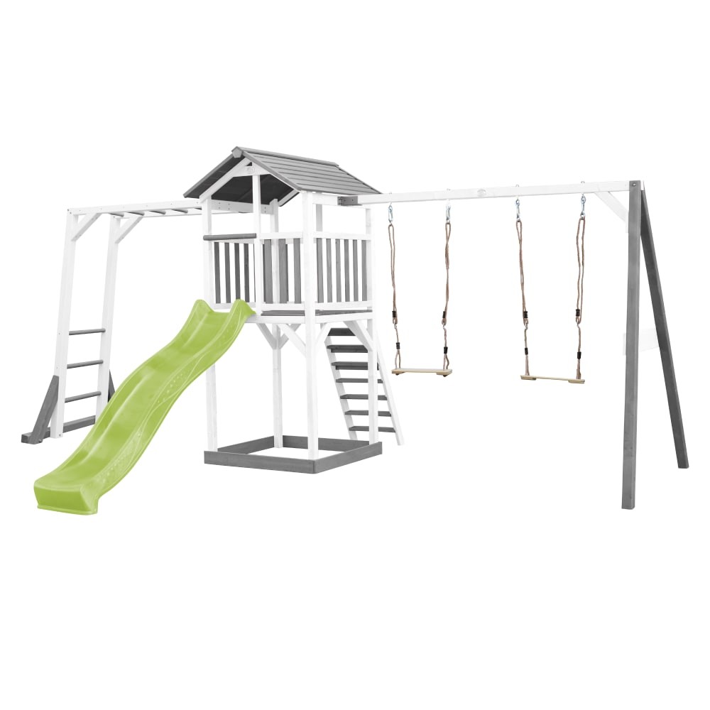 Axi Spielturm mit hellgrüner Rutsche, Doppelschaukel, Holz, weiß/grau style modern - Holz