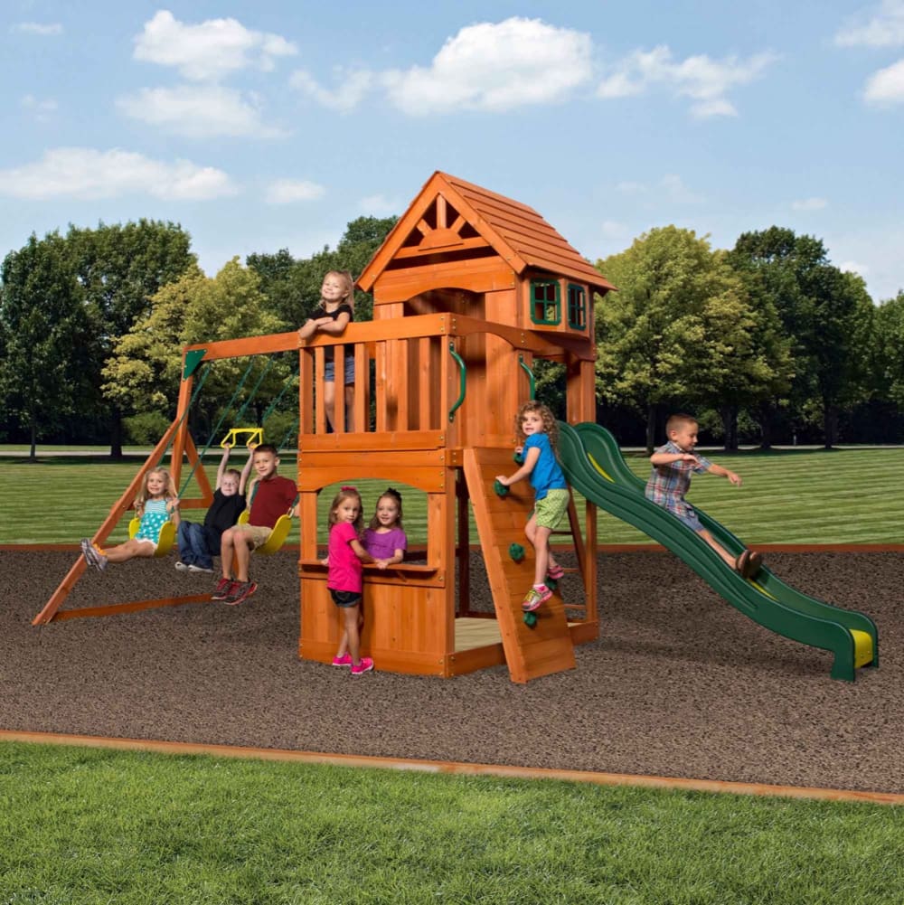 Aire de jeux avec toboggan, balançoire & mur d'escalade, en bois