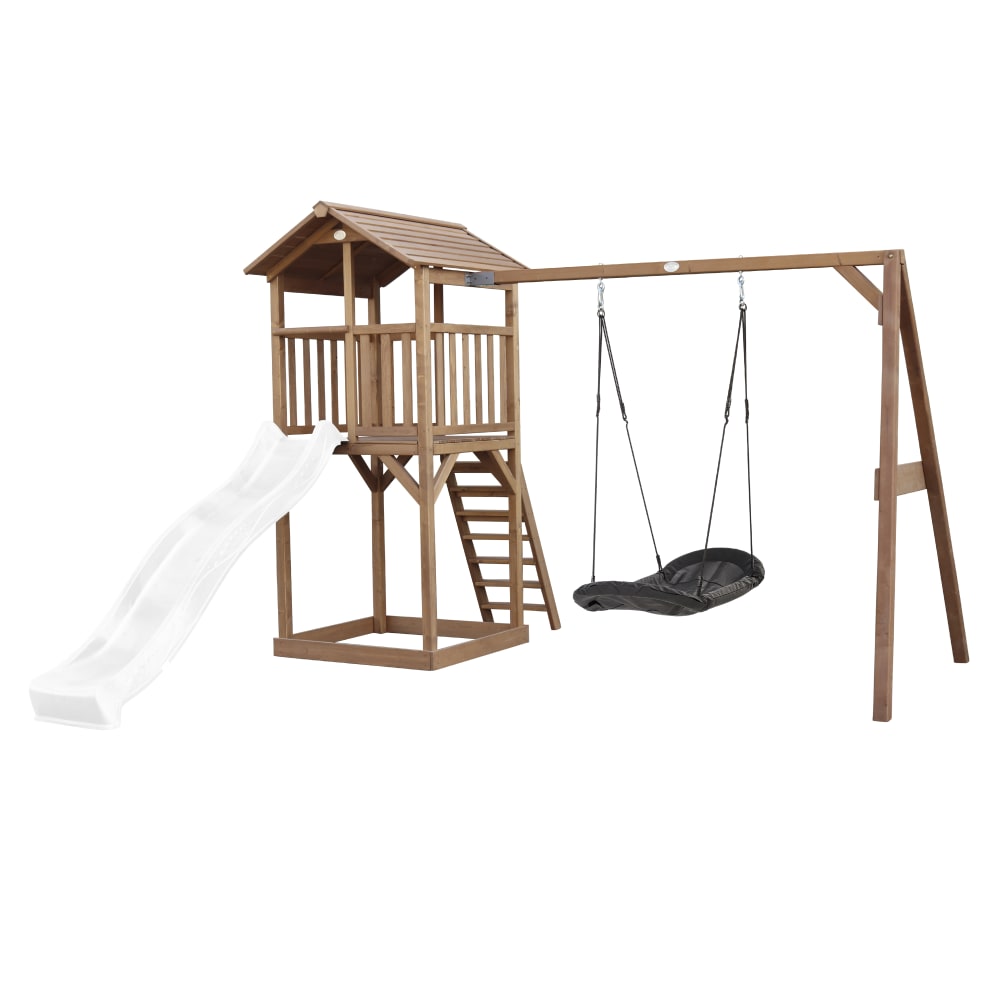 Axi Spielturm mit weißer Rutsche, Roxy Nestschaukel, Holz, braun style modern - Holz