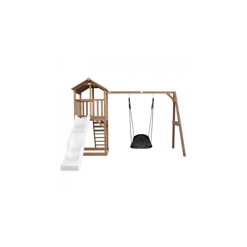Spielturm mit weißer Rutsche, Roxy Nestschaukel, Holz, braun -