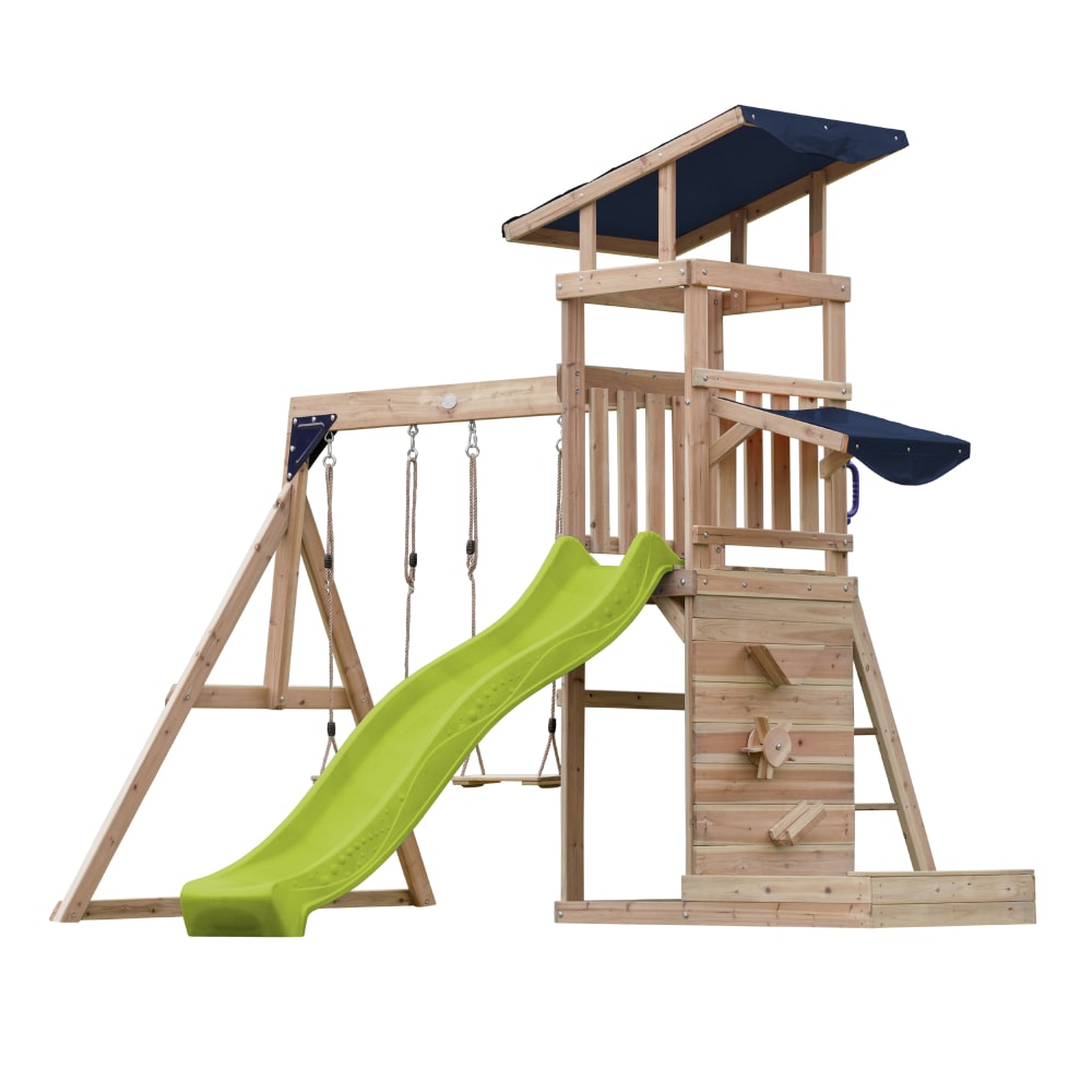 Aire de jeux toboggan, balançoire & mur de jeux, bois FSC, jaune