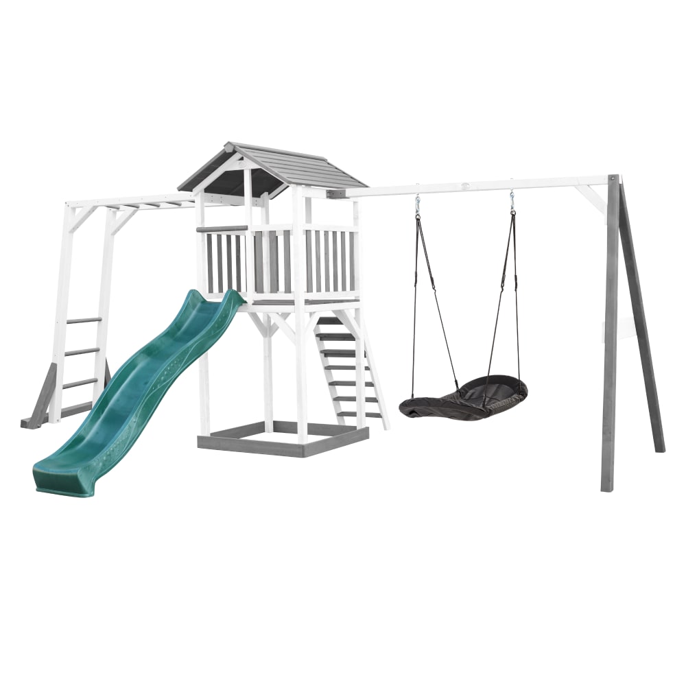 Axi Spielturm mit grüner Rutsche, Roxy Nestschaukel, Holz, weiß/grau style modern - Holz