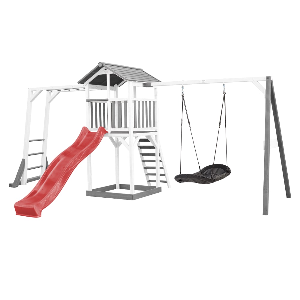 Axi Spielturm mit roter Rutsche, Roxy Nestschaukel, Holz, weiß/grau style modern - Holz