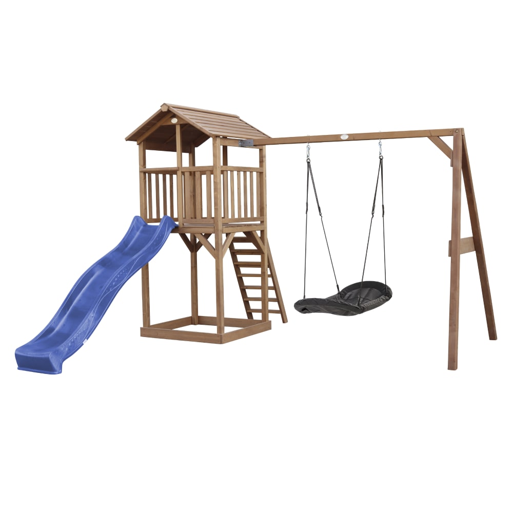 Axi Spielturm mit blauer Rutsche, Roxy Nestschaukel, Holz, braun style modern - Holz