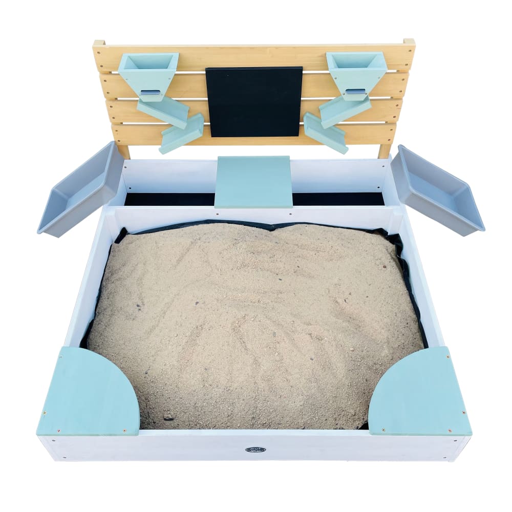 Bac à sable avec paroi de jeu, bois FSC , blanc & bleu, 105x100x58 cm