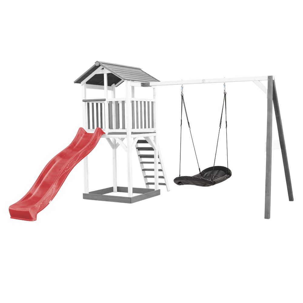 Axi Spielturm mit roter Rutsche, Roxy Nestschaukel, Holz, weiß/grau style modern - Holz