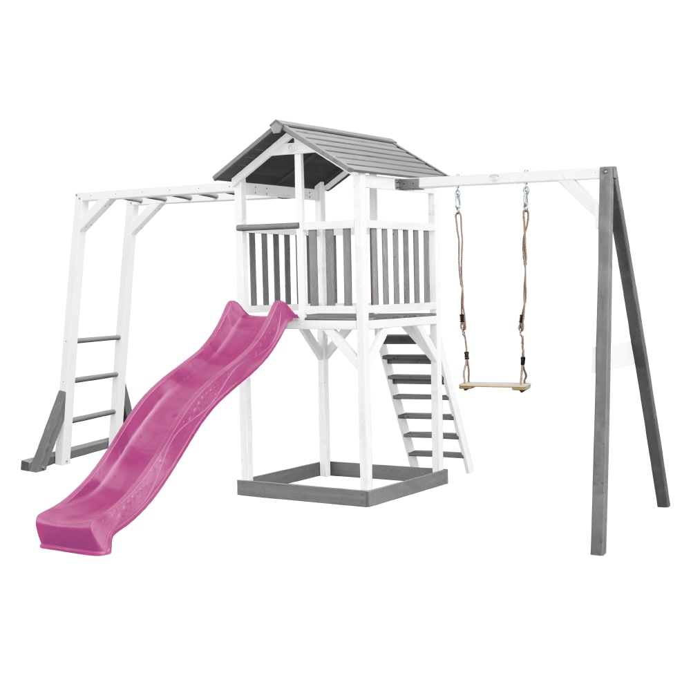 Axi Spielturm mit lila Rutsche, Schaukel, Holz, weiß/grau style modern - Holz