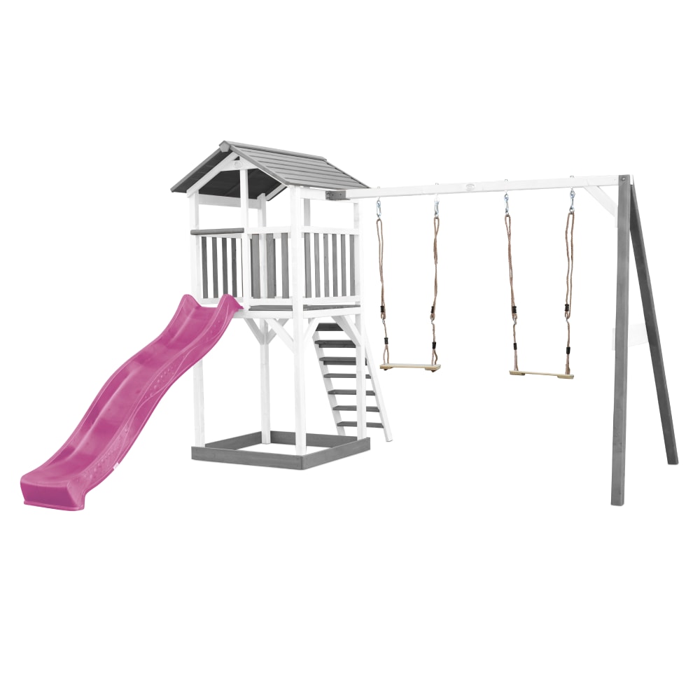 Axi Spielturm mit lila Rutsche, Doppelschaukel, Holz, weiß/grau style modern - Holz