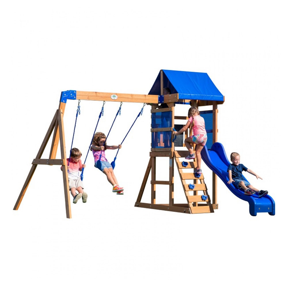 Aire de jeux avec toboggan, balançoires & échelle d'escalade, en bois