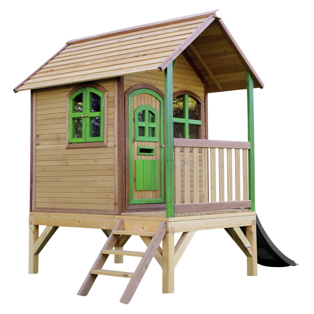 Maisonnette enfant avec toboggan gris, en bois FSC, marron/vert