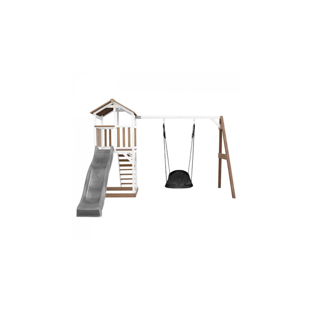 Spielturm mit grauer Rutsche, Roxy Nestschaukel, Holz, braun/weiß