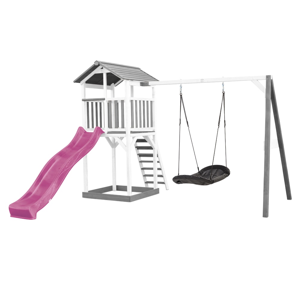 Axi Spielturm mit lila Rutsche, Roxy Nestschaukel, Holz, weiß/grau style modern - Holz
