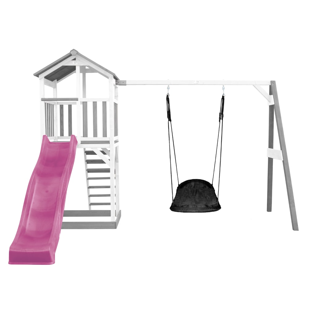 Spielturm mit lila Rutsche, Roxy Nestschaukel, Holz, weiß/grau -