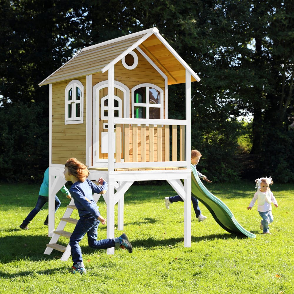 Maisonnette enfant avec toboggan vert, Bois FSC, marron/blanc