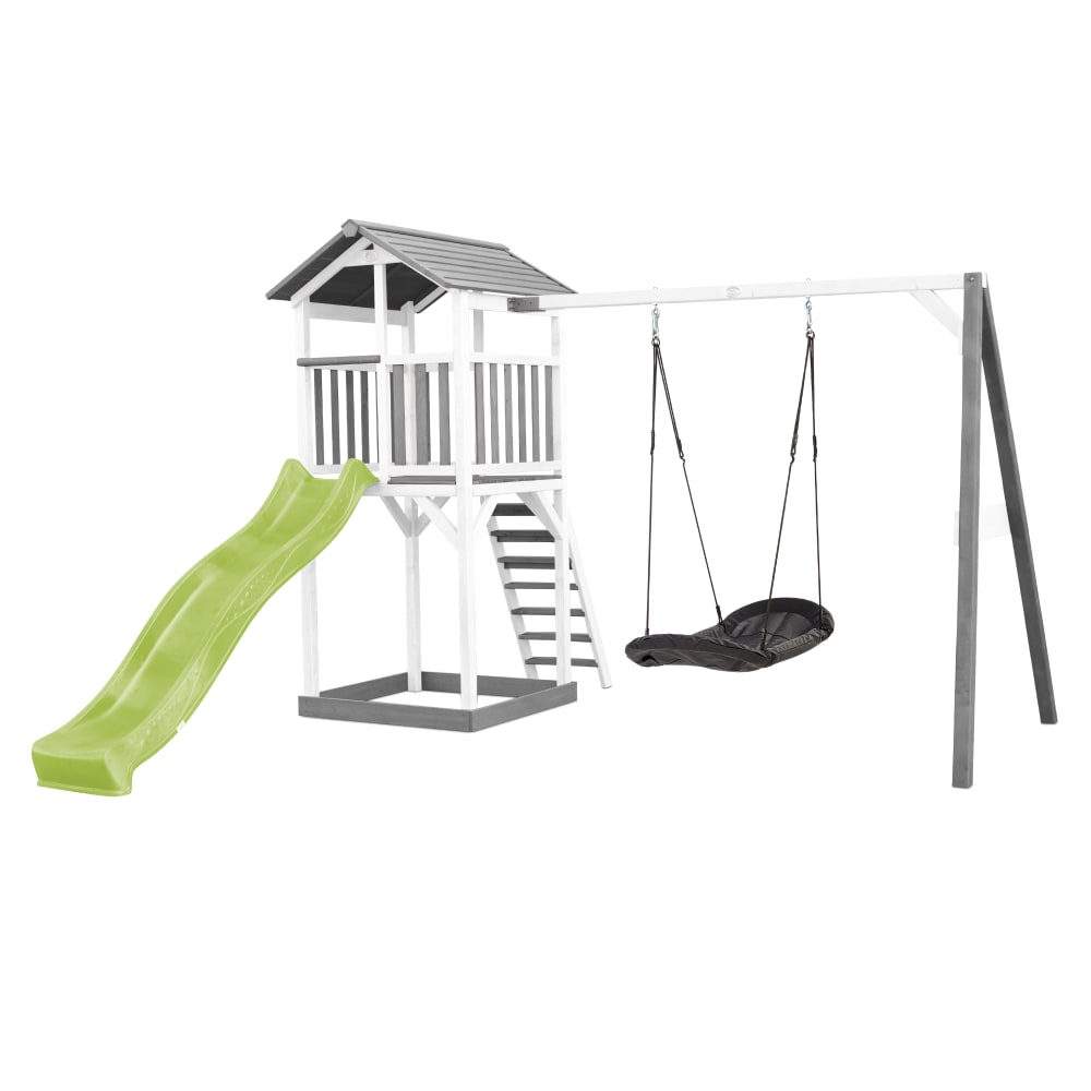 Axi Spielturm mit hellgrüner Rutsche, Roxy Nestschaukel, Holz, weiß/grau style modern - Holz