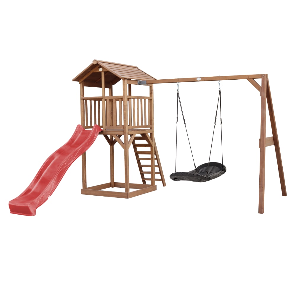 Axi Spielturm mit roter Rutsche, Roxy Nestschaukel, Holz, braun style modern - Holz