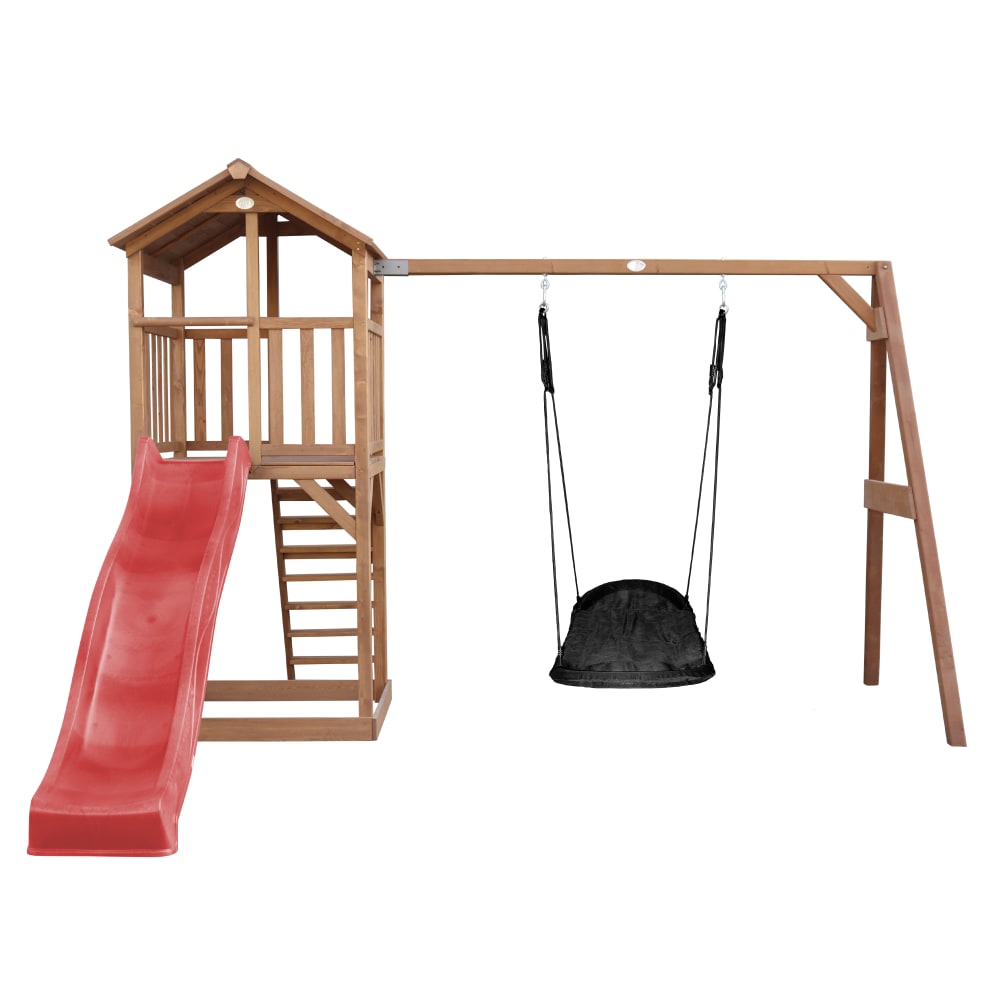 Spielturm mit roter Rutsche, Roxy Nestschaukel, Holz, braun -
