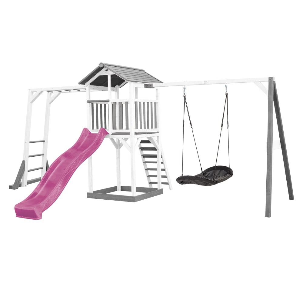 Axi Spielturm mit lila Rutsche, Roxy Nestschaukel, Holz, weiß/grau style modern - Holz