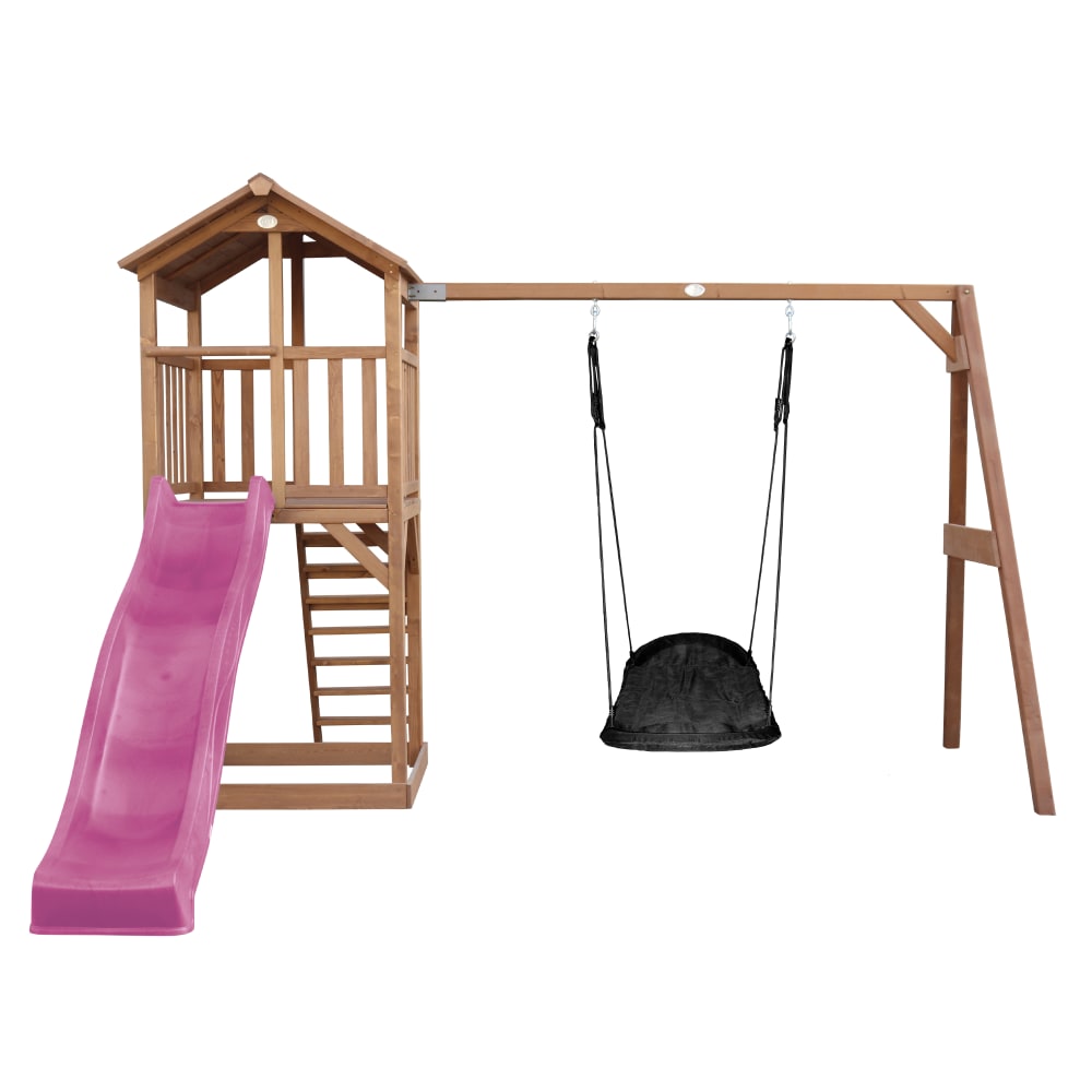 Spielturm mit lila Rutsche, Roxy Nestschaukel, Holz, braun -